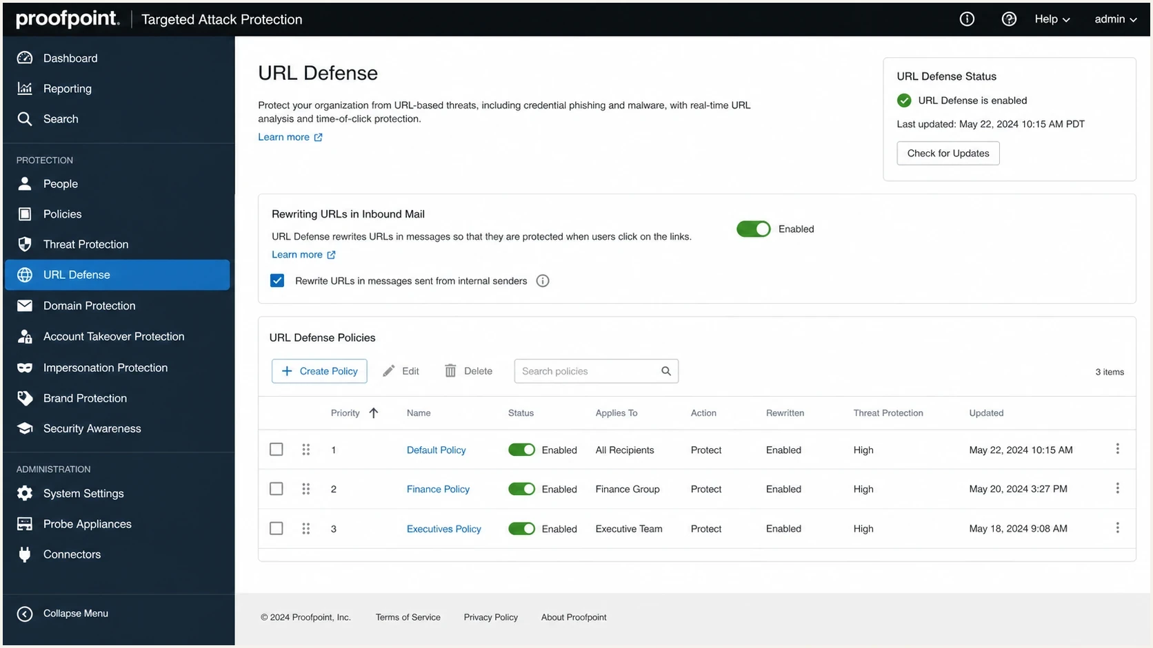 Proofpoint URL Defense settings screen showing inbound URL rewriting policy controls.