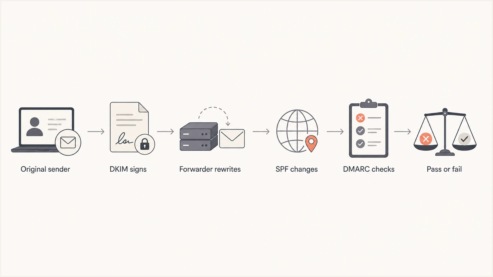 Flowchart showing why forwarded email can change SPF, preserve or break DKIM, and affect the DMARC result.