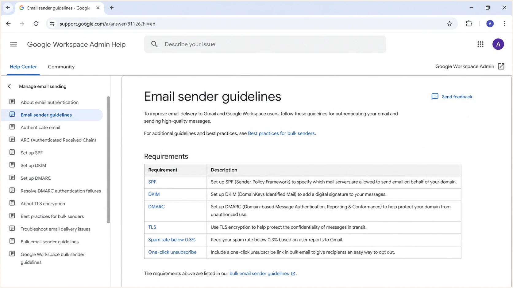 Google Workspace Admin Help page showing sender requirement categories.
