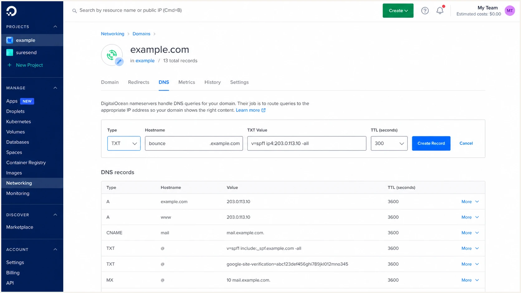 Adding an SPF TXT record in DigitalOcean DNS
