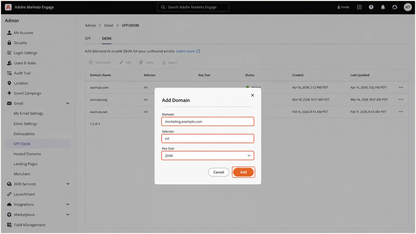Adobe Marketo Add Domain dialog with selector and 2048-bit key settings.