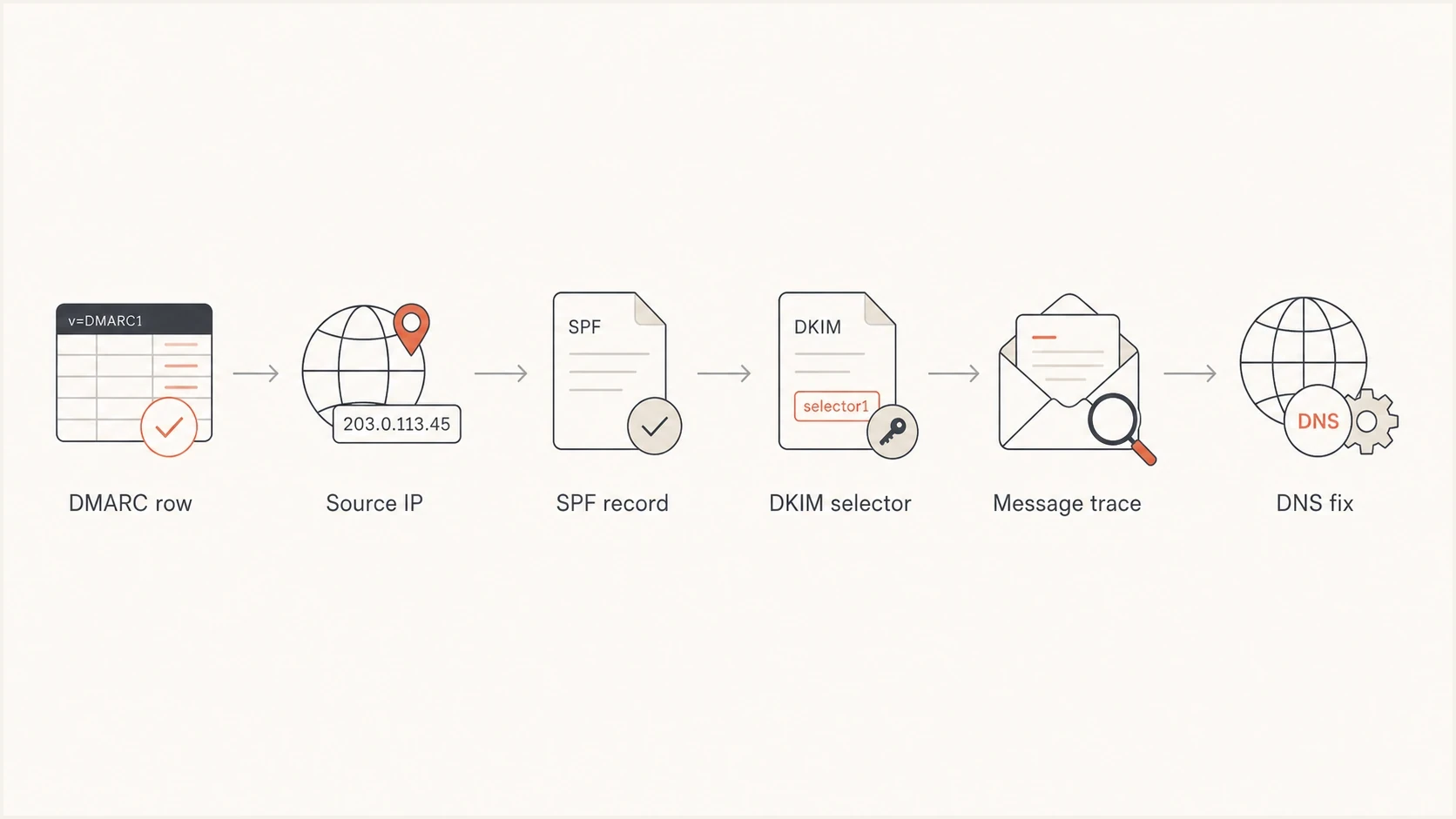 Flowchart for tracing an Avanan DMARC row back to SPF, DKIM, and message trace evidence.