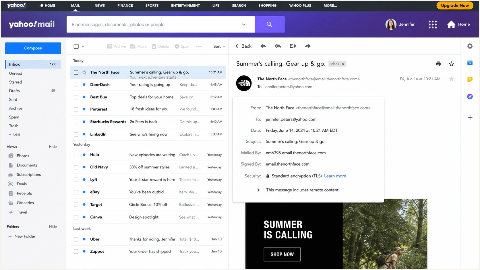 Yahoo Mail inbox with timestamps and message header timing for delayed delivery checks.