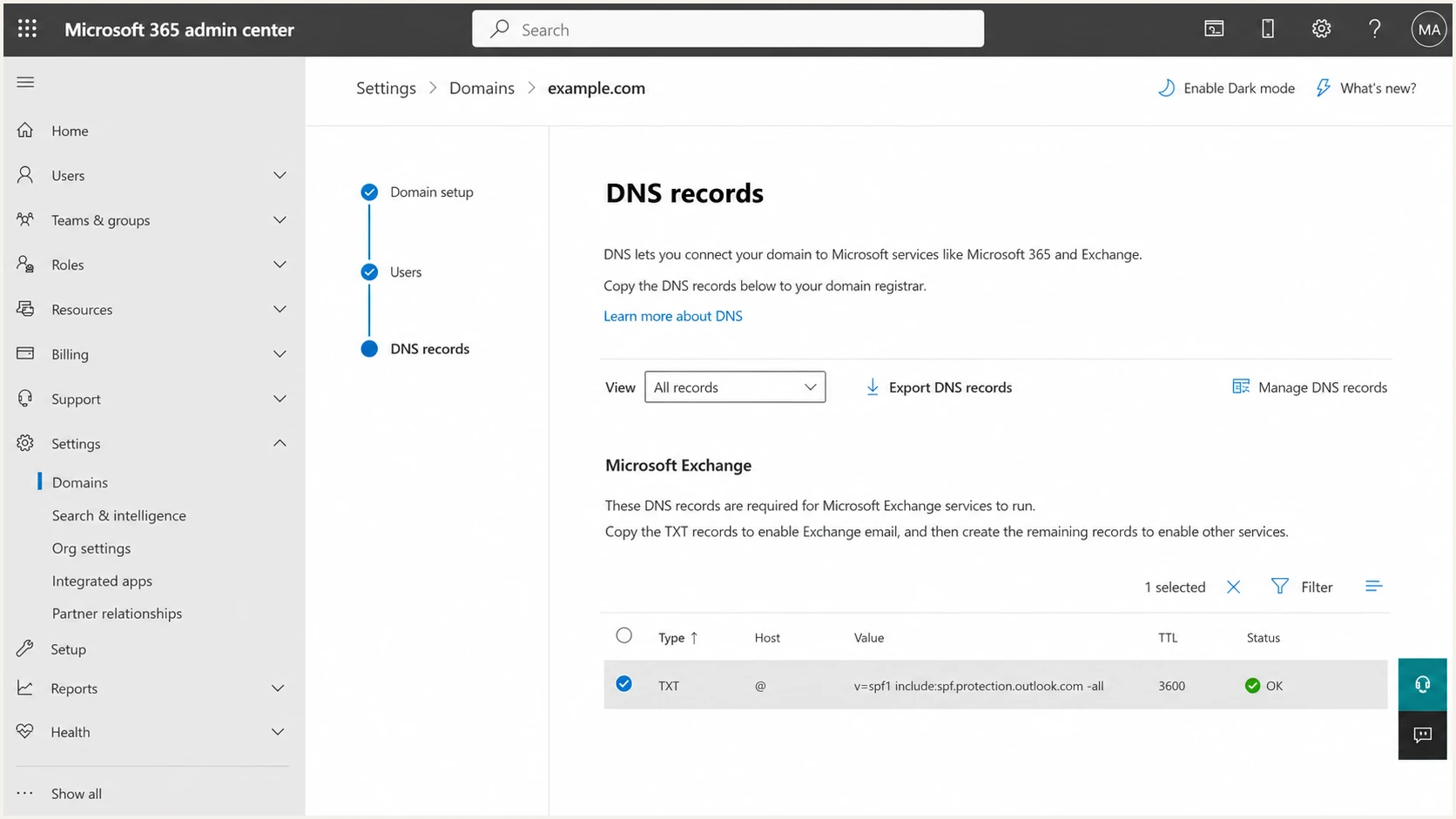 Microsoft 365 SPF record shown for example.com
