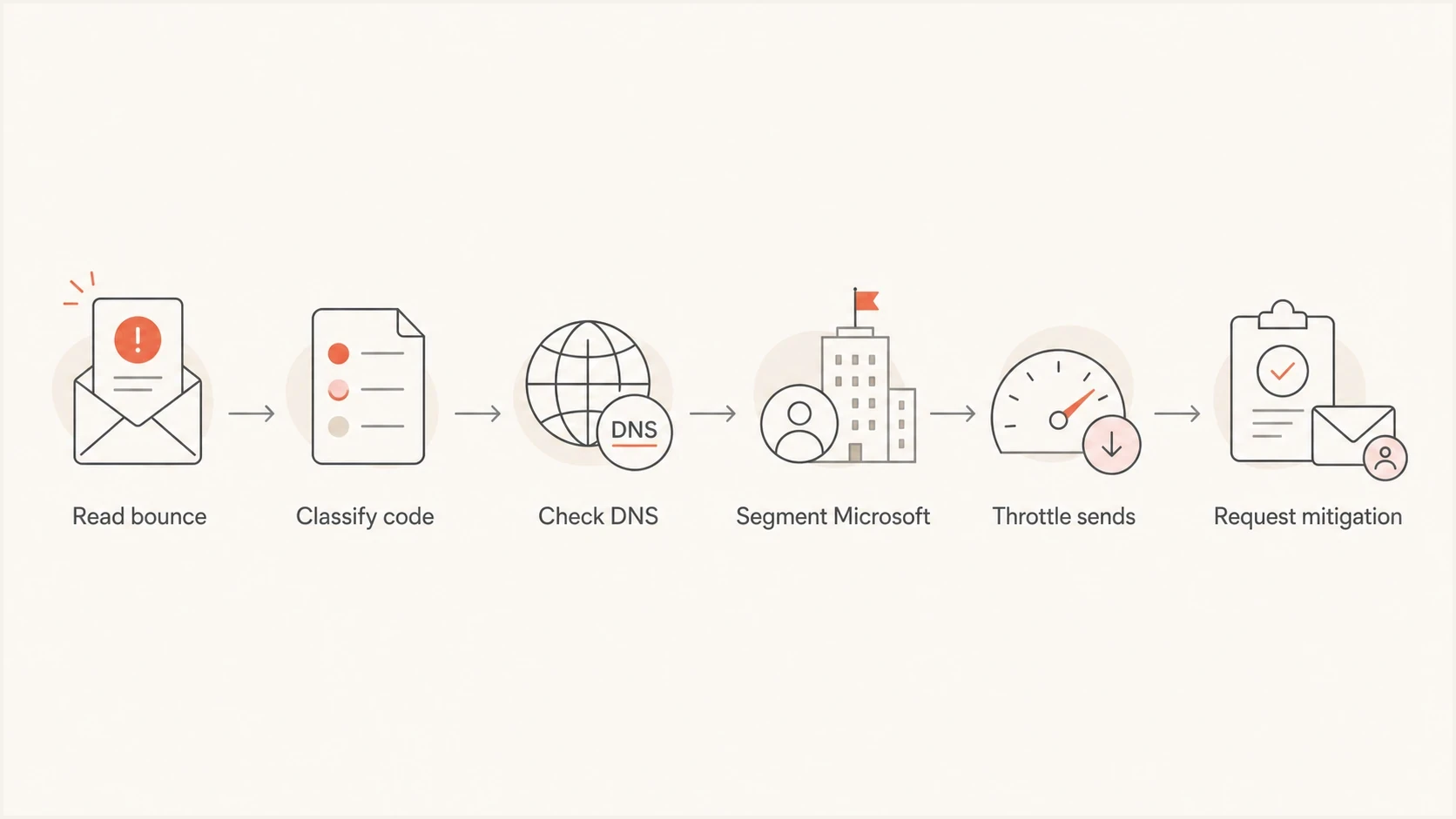 Flowchart showing the Microsoft email bounce troubleshooting path from bounce code to mitigation request.