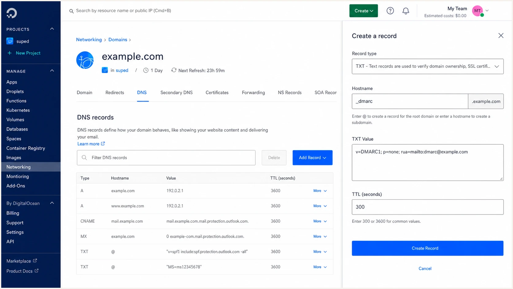 Adding a p=none DMARC record in DigitalOcean DNS