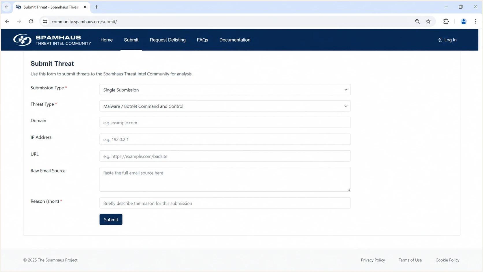 Spamhaus Threat Intel Community single submission screen.