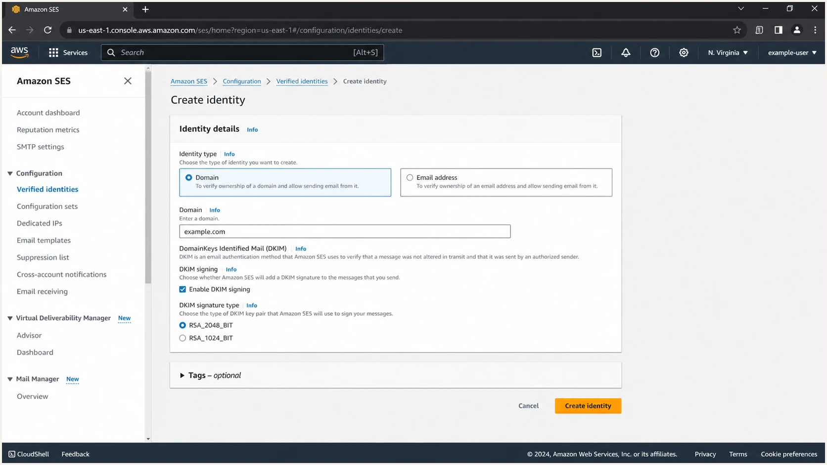 Amazon SES Create identity form for example.com with Easy DKIM enabled