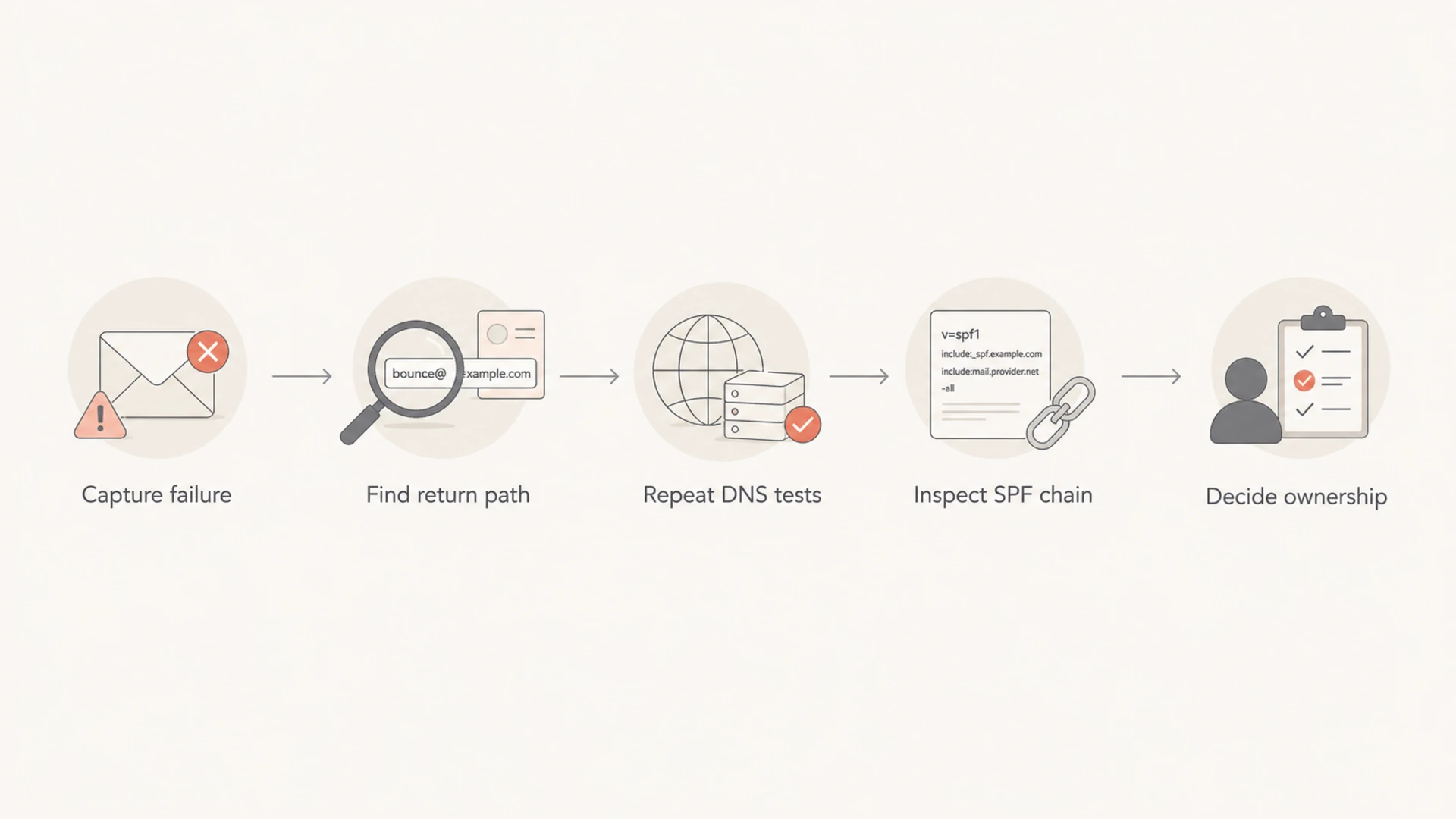Flowchart for isolating SPF and DNS ownership during intermittent failures.