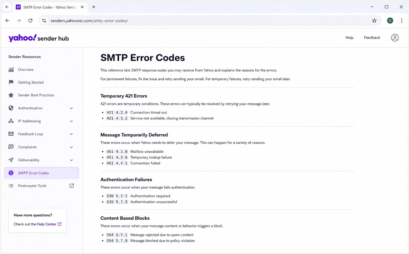 Yahoo Sender Hub SMTP error codes page showing temporary 421 deferrals.