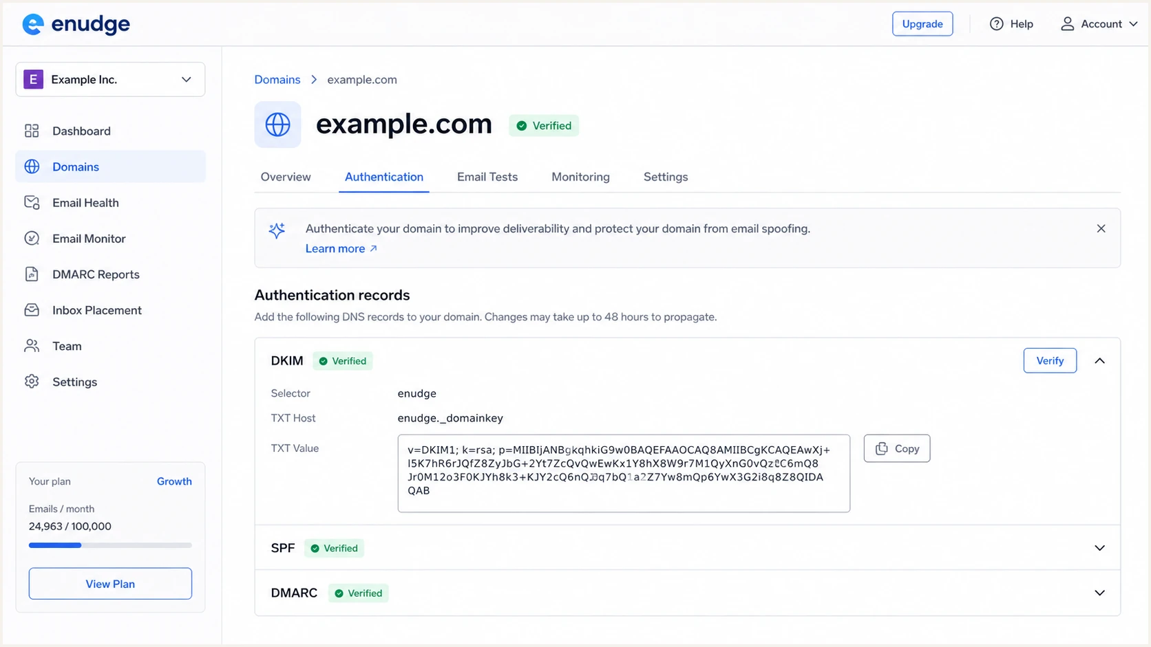 Enudge DKIM settings showing the enudge selector and TXT record