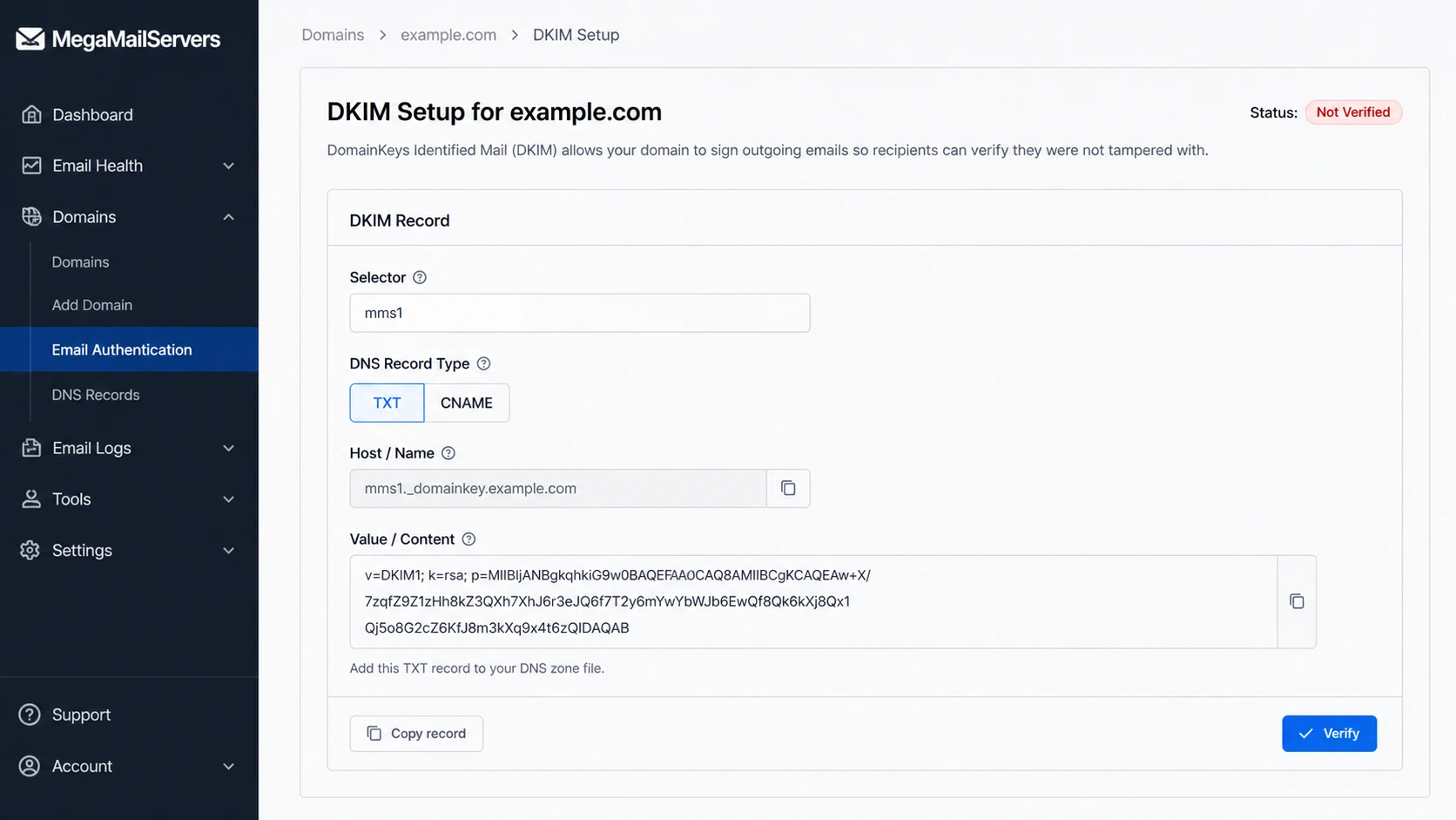 MegaMailServers DKIM setup screen with selector and DNS record details