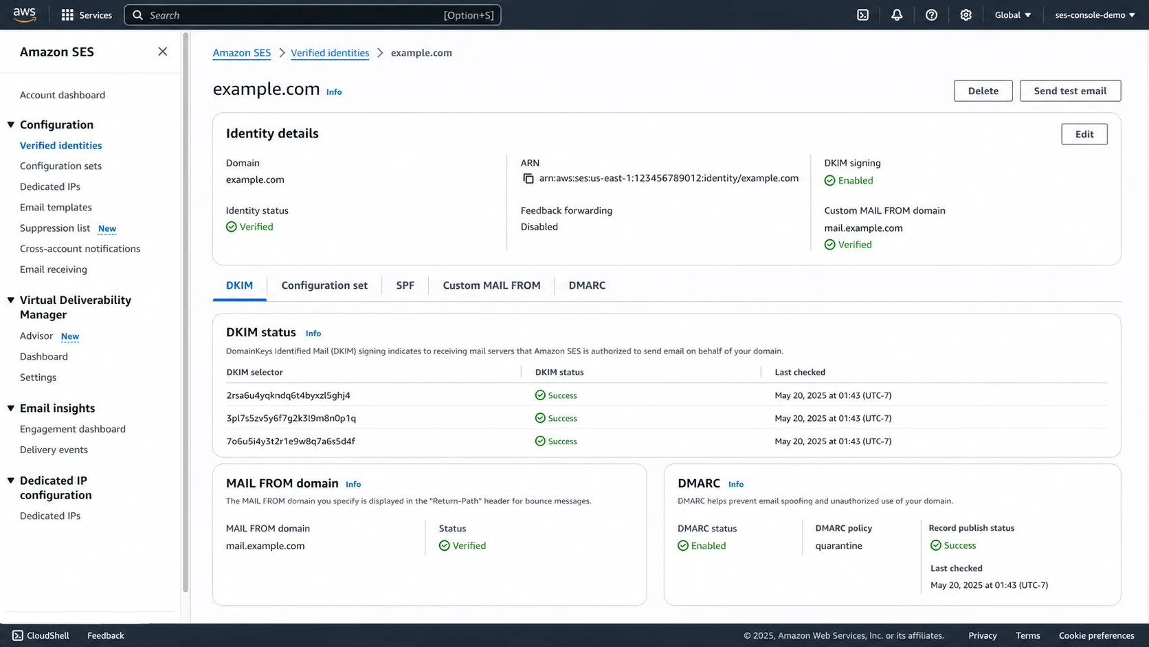 Amazon SES console showing a verified domain identity with DKIM and MAIL FROM status.