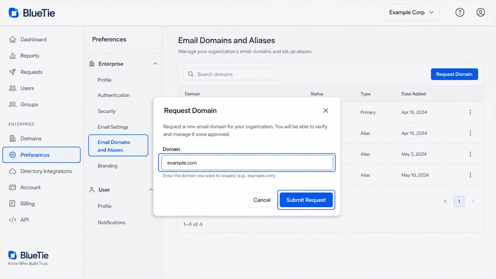 BlueTie Request Domain workflow under Email Domains and Aliases