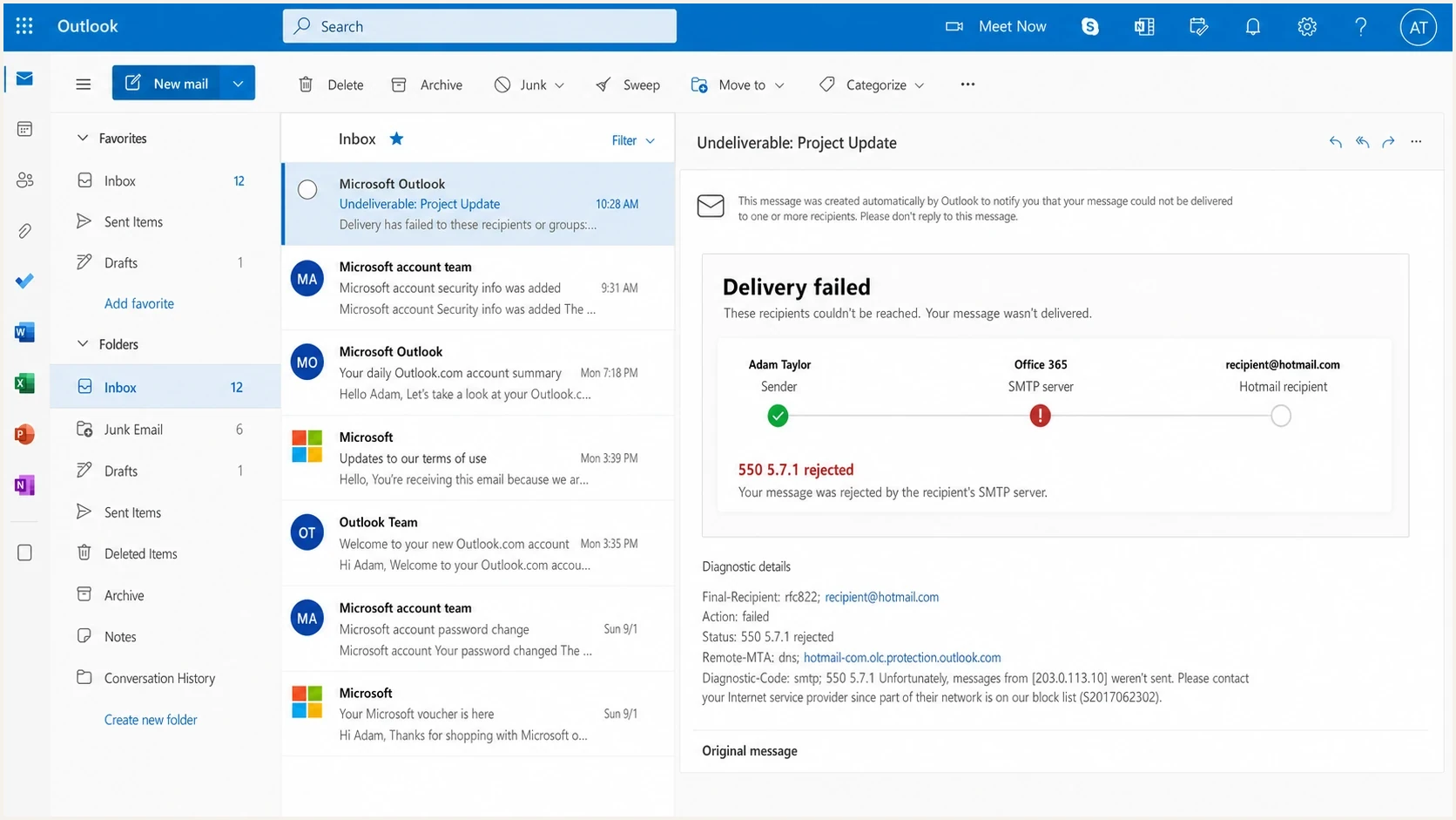 Outlook.com inbox showing a 550 5.7.1 Hotmail SMTP delivery failure.