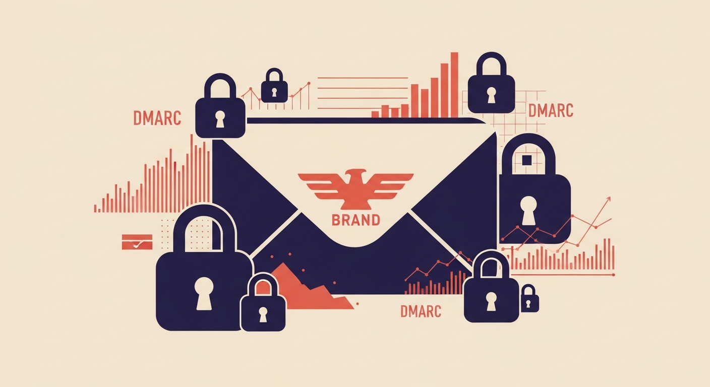 Email icon with brand logo and security locks representing BIMI and DMARC security.