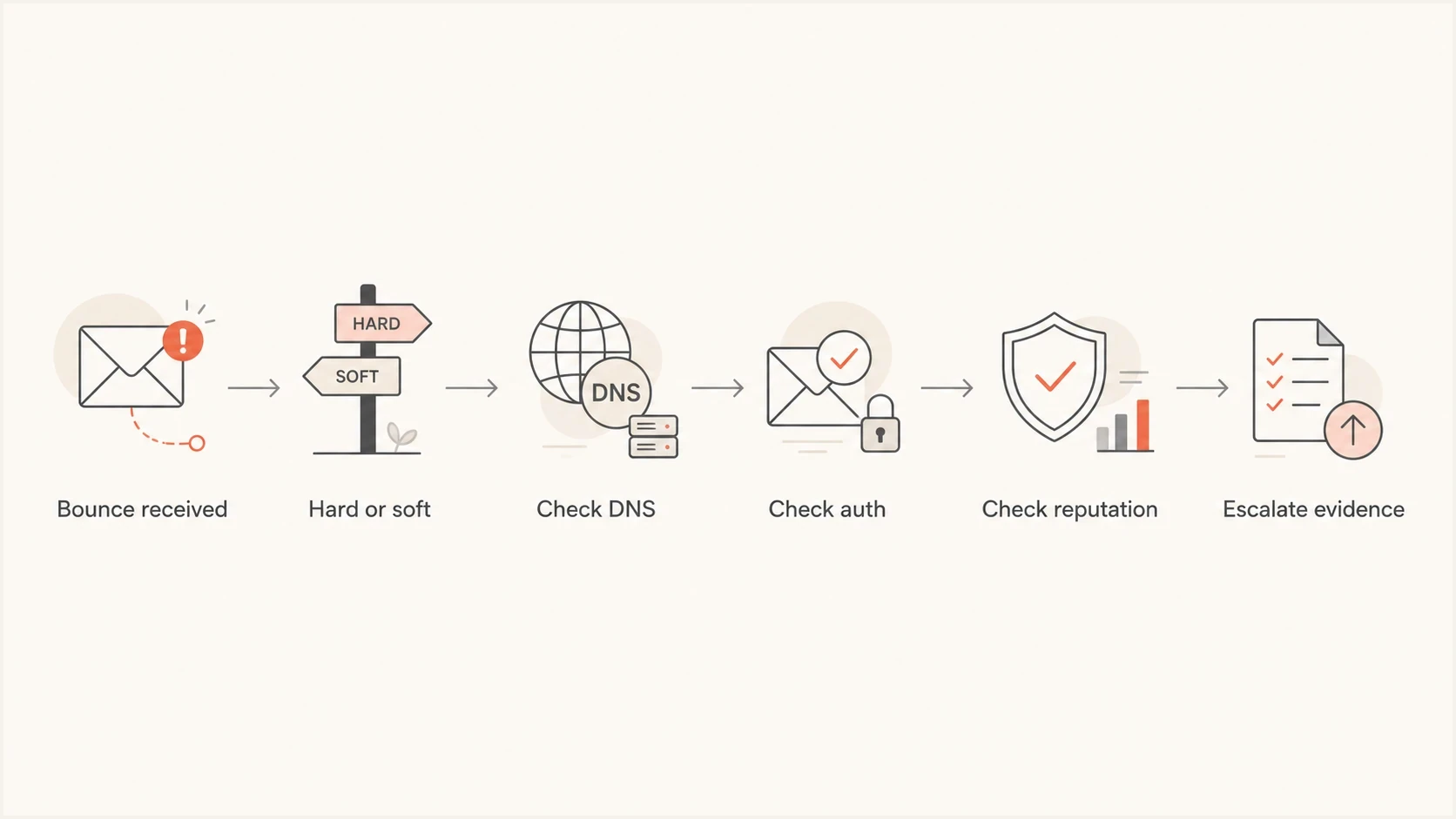 A six-step flowchart for diagnosing an undelivered GoDaddy email message.