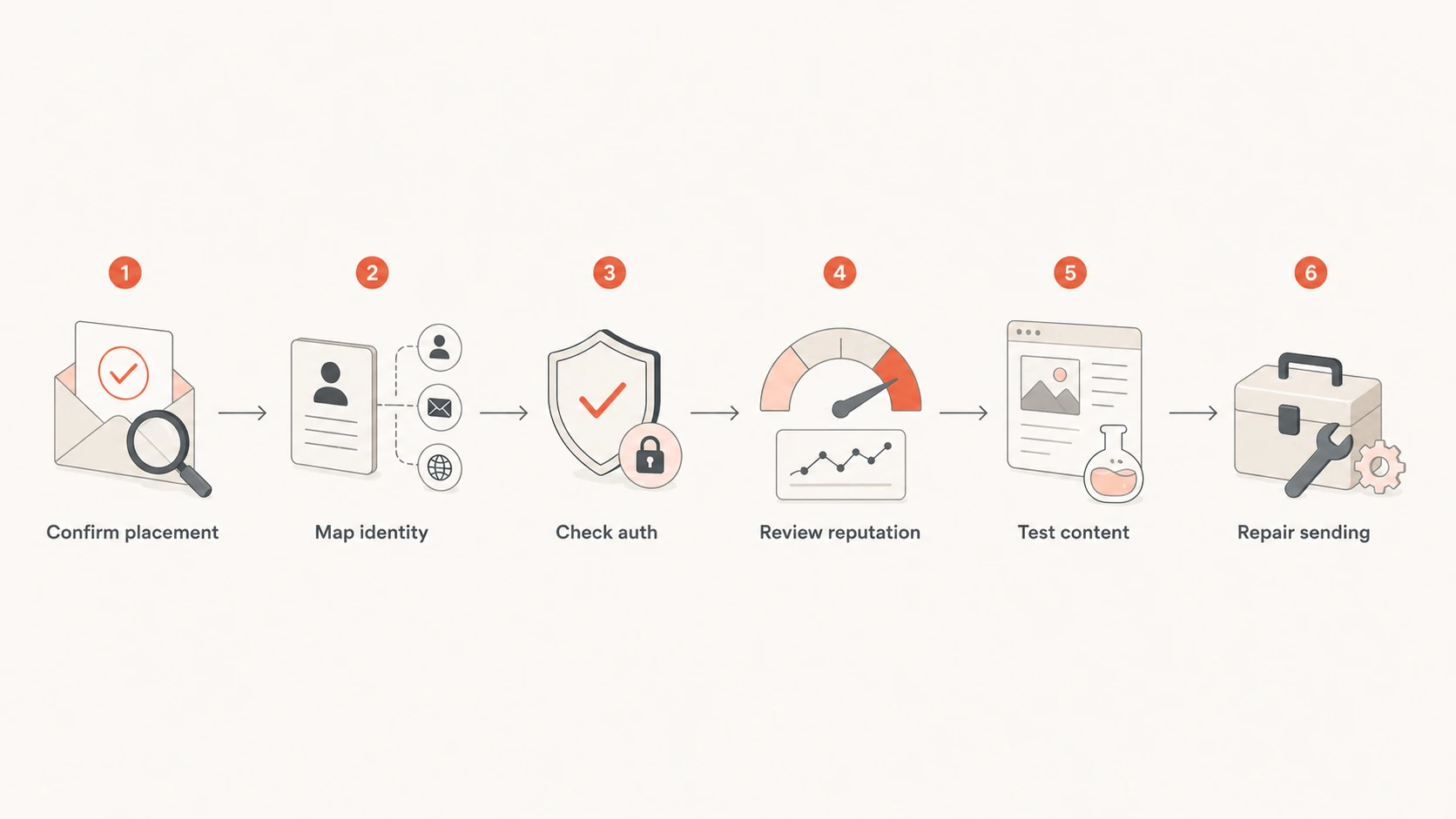 A six-step SFMC spam troubleshooting flow from placement evidence to repair.