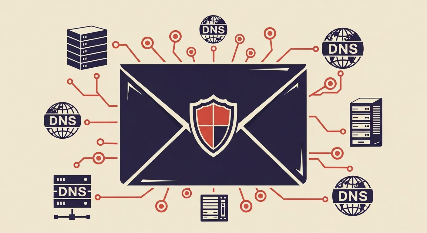 An email envelope protected by a shield, illustrating email authentication through SPF DNS records.