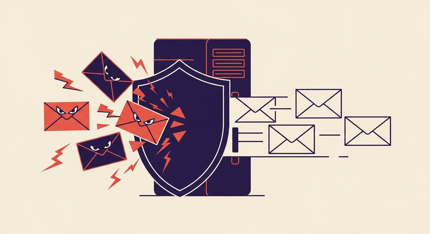 A shield protecting an email server, filtering legitimate from illegitimate emails