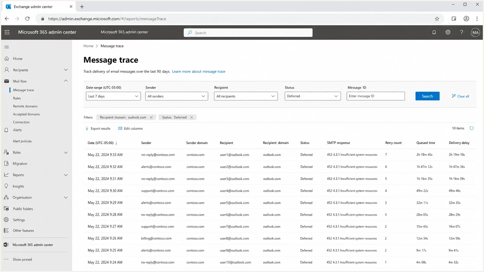 Microsoft 365 Exchange admin center message trace showing deferred messages with 452 4.3.1.