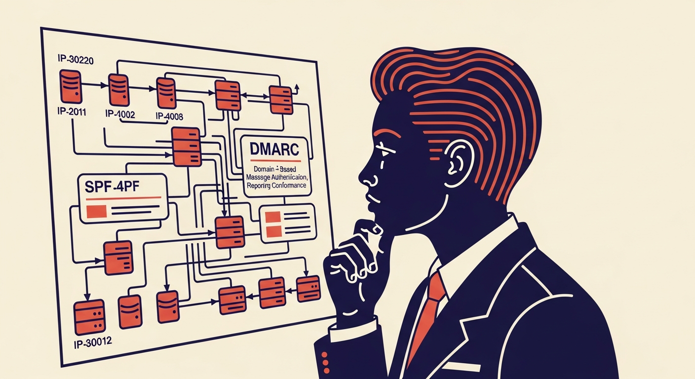 An expert analyzes a network diagram with SPF and IP addresses.