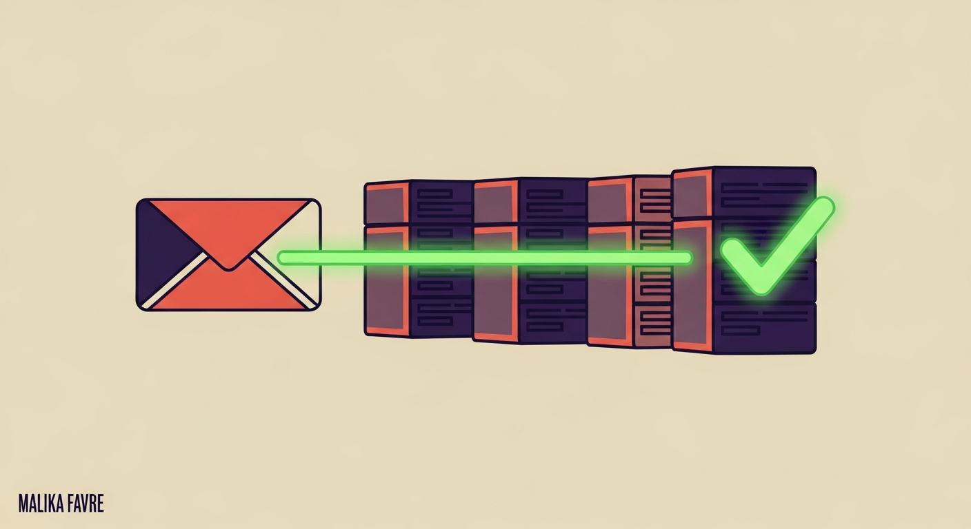 An email traveling securely through a chain of servers, indicated by a green line and a final checkmark.