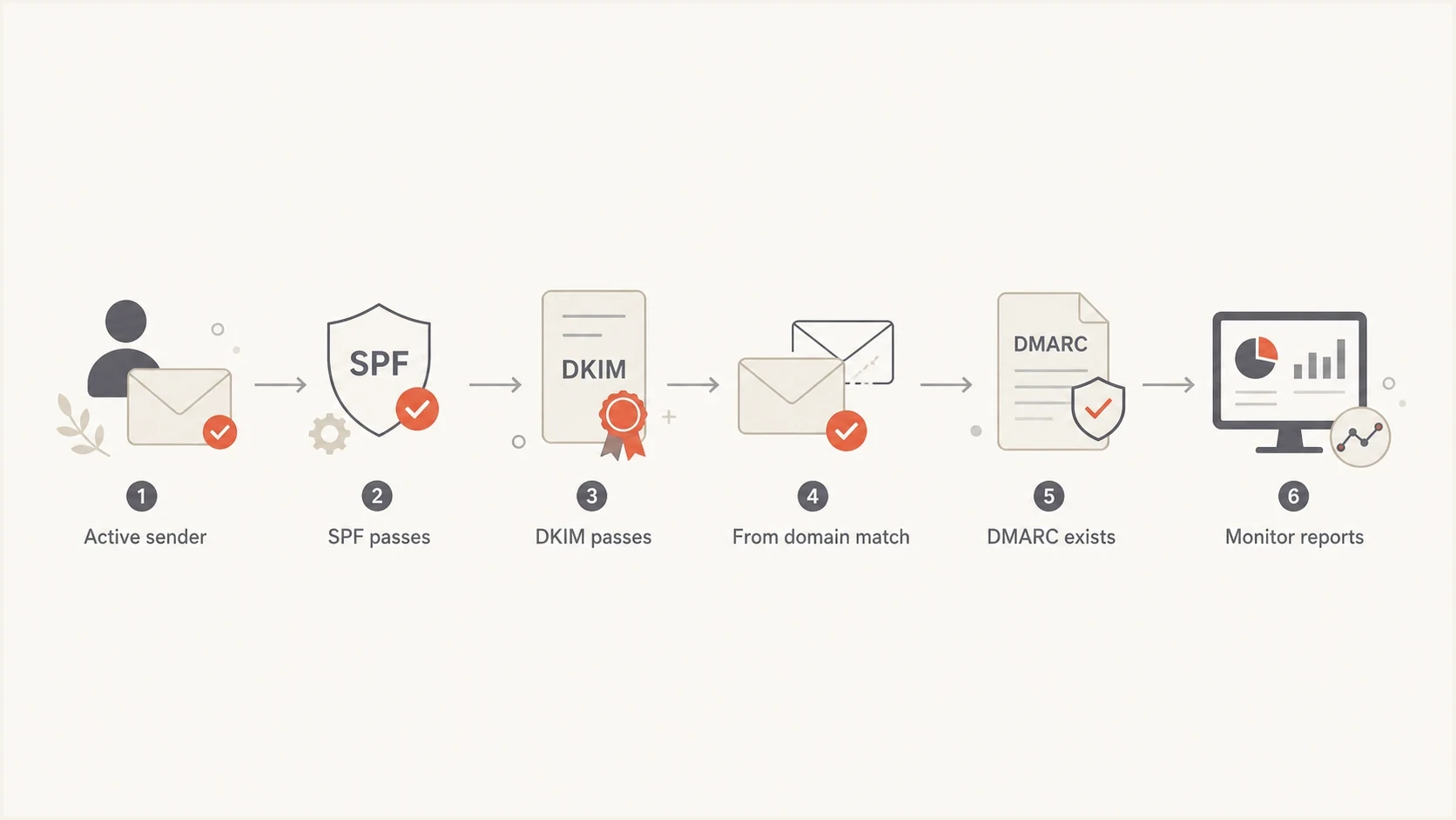 Flowchart showing the order to check SPF, DKIM, From domain matching, DMARC, and reporting.