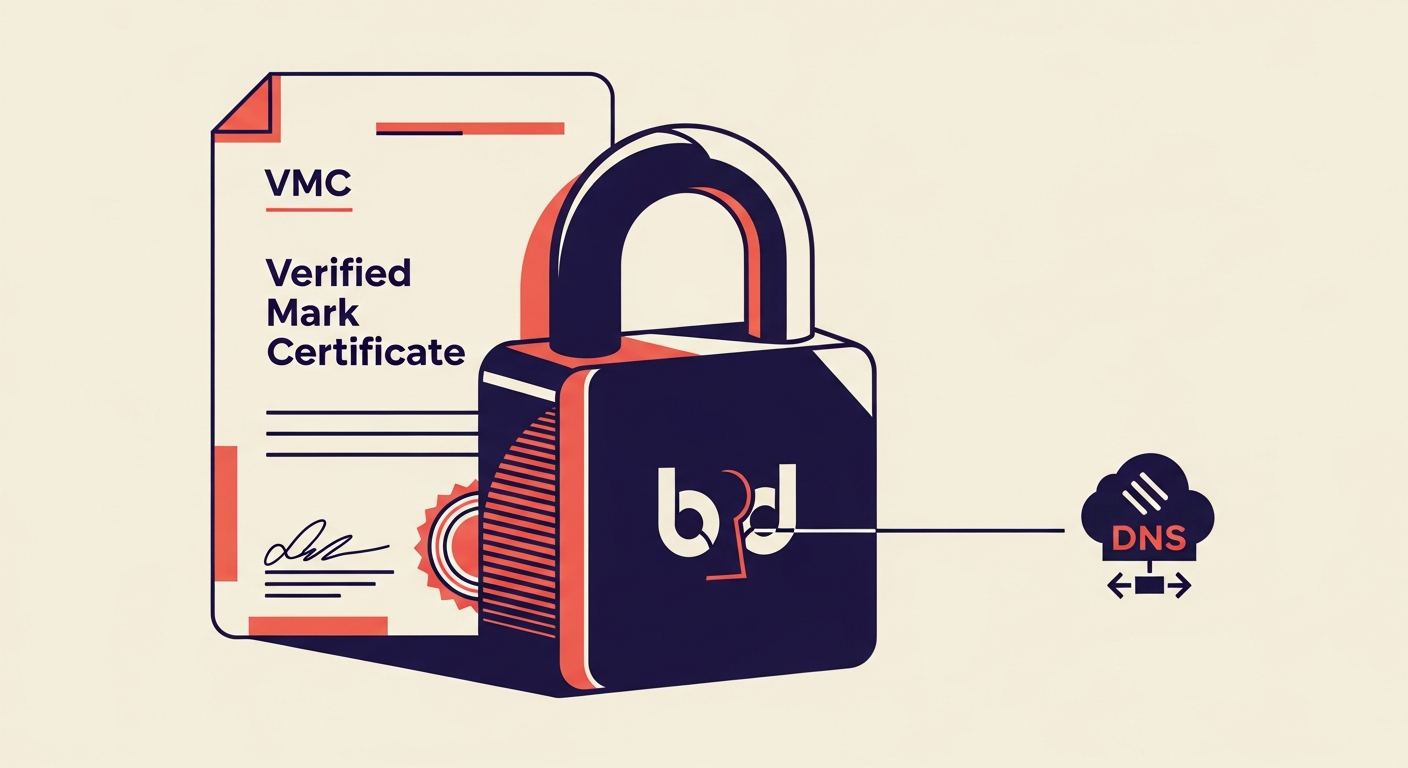 A padlock securing a brand logo with a VMC, illustrating BIMI verification.