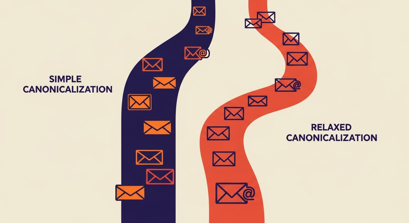 A visual metaphor showing two email paths: a strict, linear path for simple canonicalization and a more flexible, meandering path for relaxed canonicalization, illustrating their different tolerances.