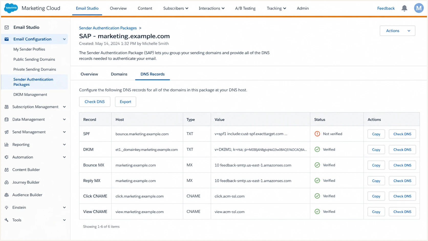 Salesforce Marketing Cloud SPF DNS record screen.