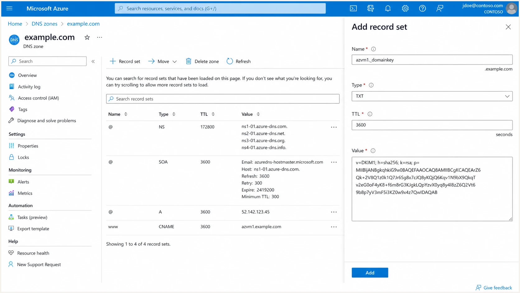 Azure DNS DKIM public key record