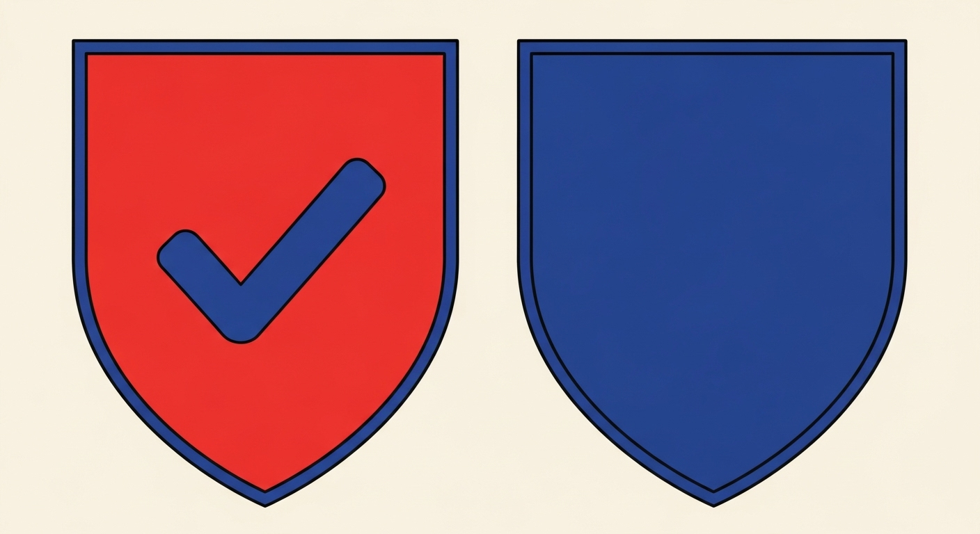 A minimalist illustration of two shields, one with a checkmark and one without, representing VMC and CMC certificates. The style of the images should be A minimalist retro illustration in the style of Malika Favre. Dominant colors are bright poppy red and deep royal blue. Vector art, high contrast. Do not put any words in the image or alphanumeric characters.