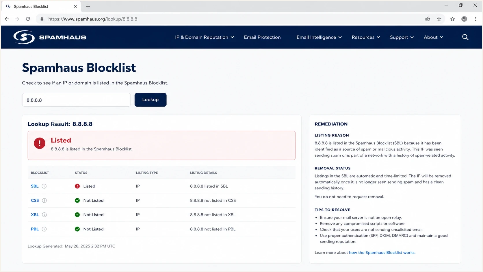 A Spamhaus Blocklist page showing a listed IP and remediation status.