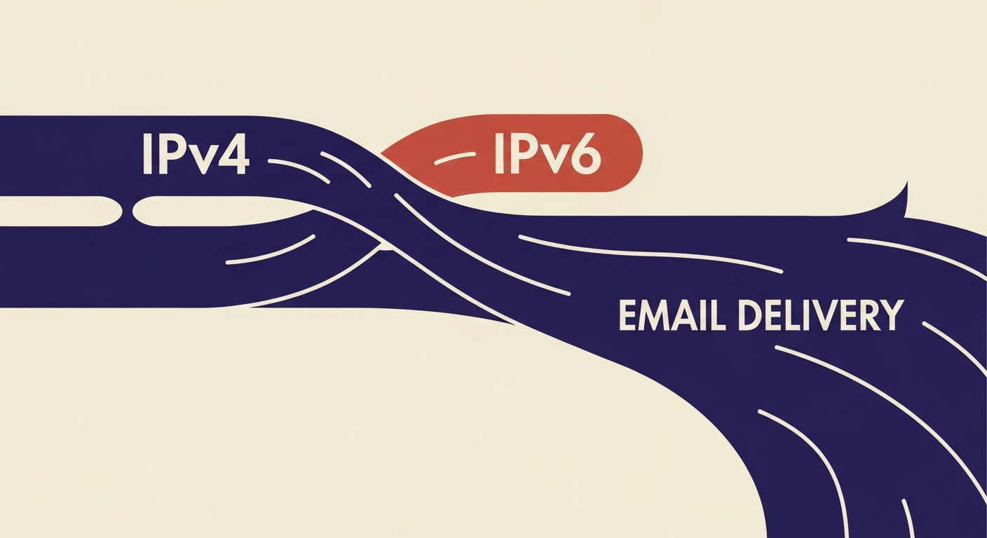Two distinct pathways, IPv4 and IPv6, merging into a strong email delivery stream