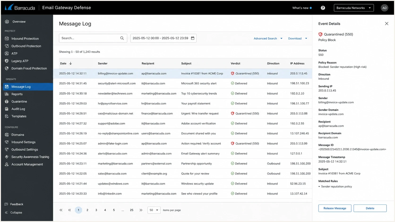 Barracuda Email Gateway Defense message log with a quarantined email selected.
