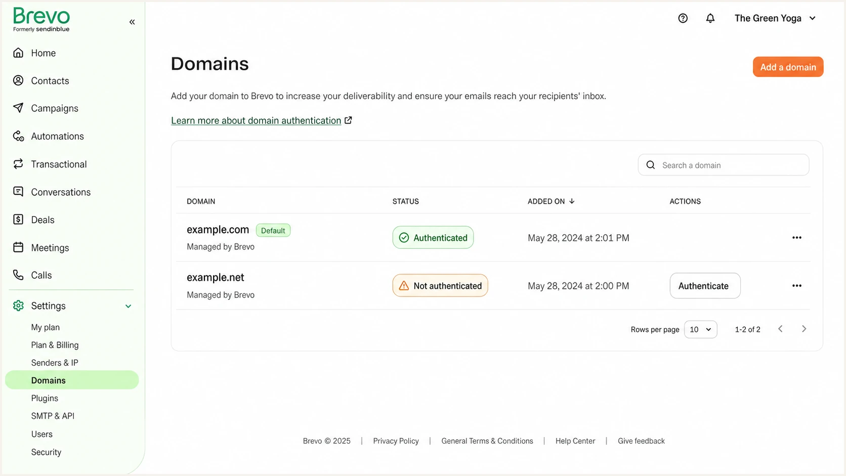 Brevo Domains page showing authenticated and unverified domain states