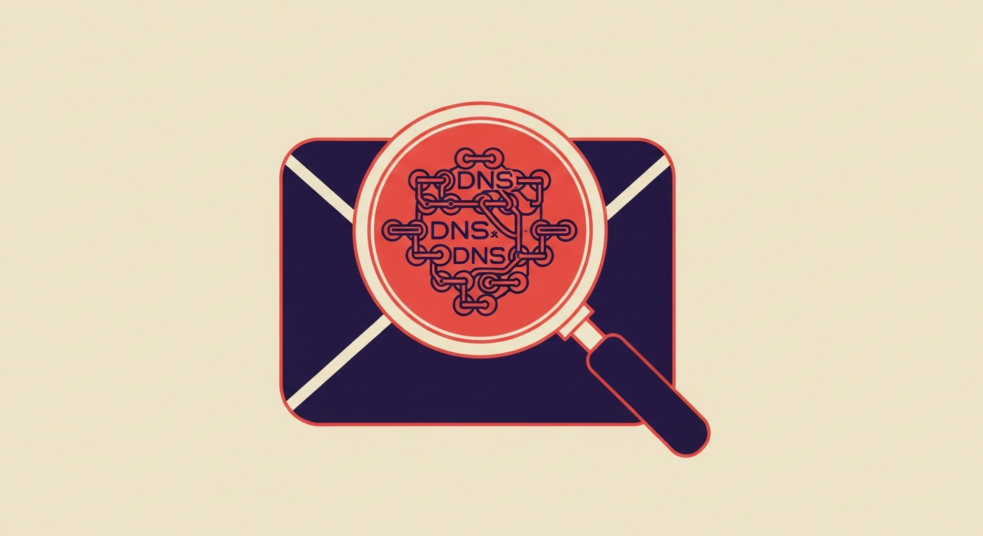 An email icon with a magnifying glass examining a complex chain of linked DNS records, illustrating SPF record lookups.