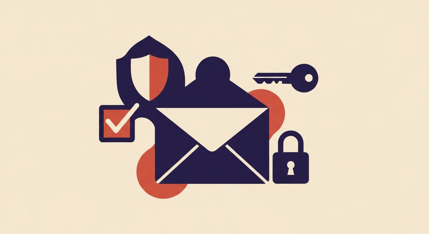 Stylized email envelope with security symbols, representing email authentication