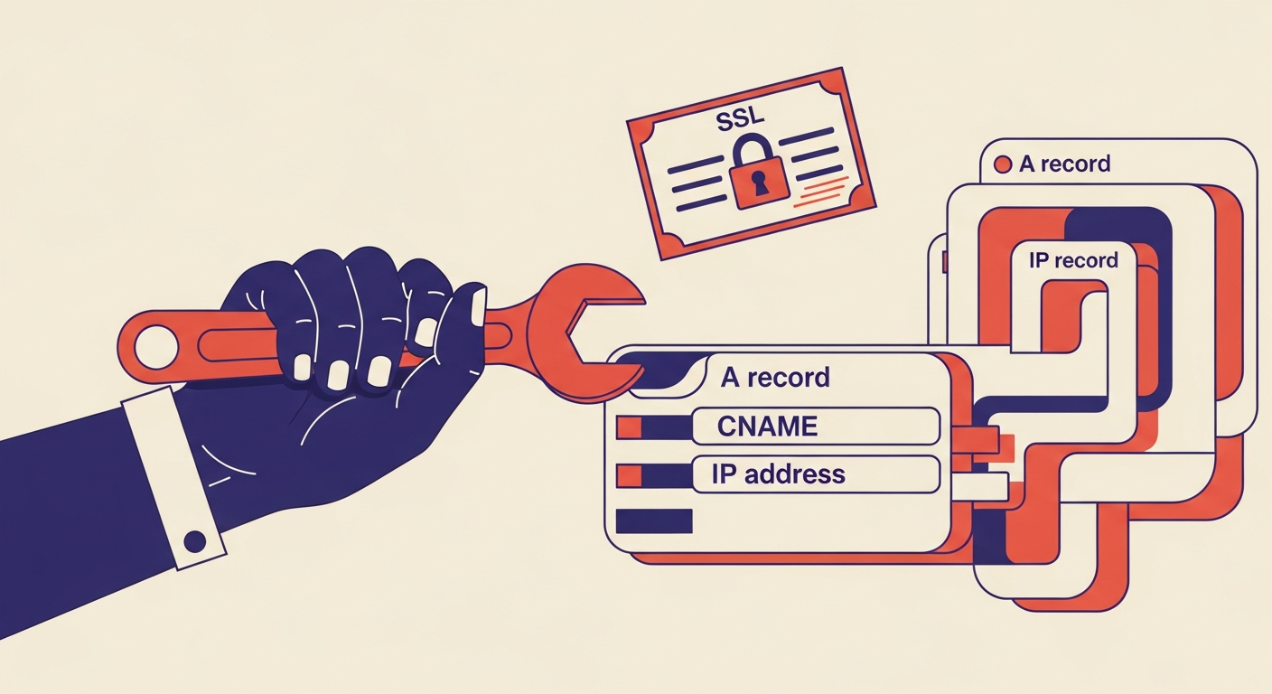 An illustration of a hand adjusting DNS records with an SSL certificate icon.