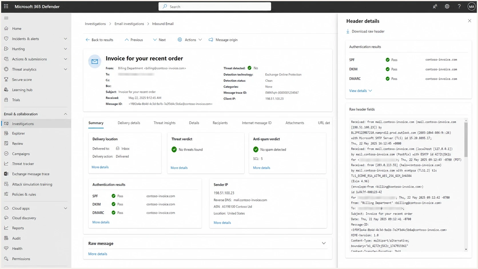 Microsoft Defender portal message details showing SCL 5, spam verdict, and SPF, DKIM, DMARC results.