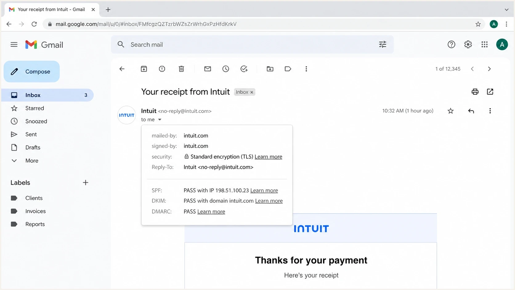 Gmail message details showing SPF, DKIM, and DMARC pass results.