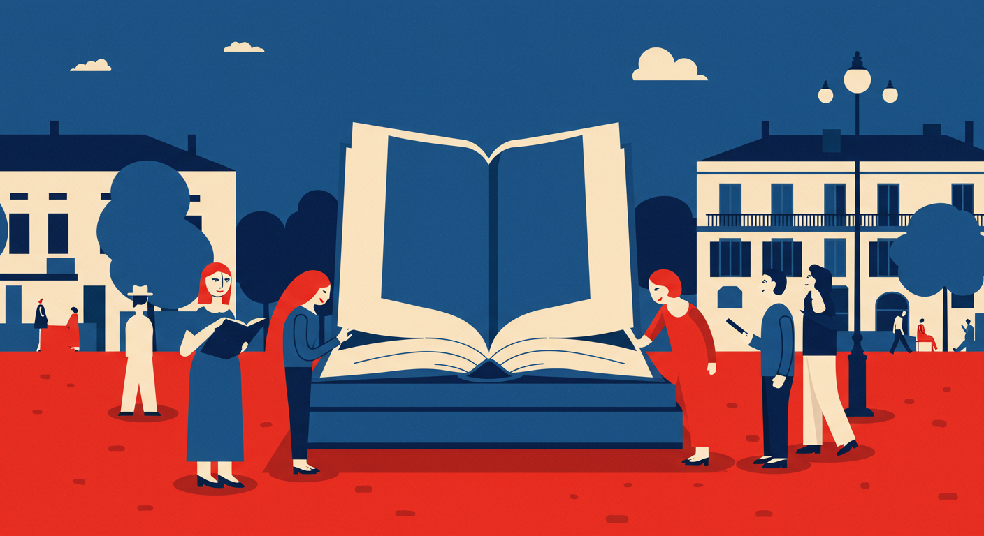 A minimalist retro illustration of an open, public book on a stand, with people gathered around to read it. The style is reminiscent of Malika Favre, with bright poppy red and deep royal blue as dominant colors. The art is high-contrast vector art with no words.