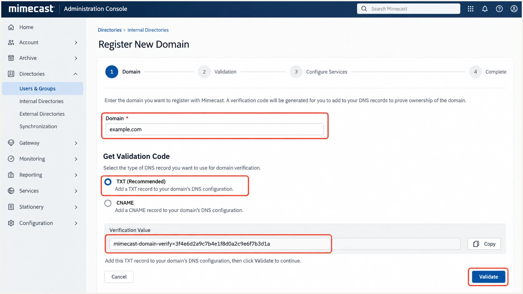 Mimecast internal domain registration and DNS validation steps