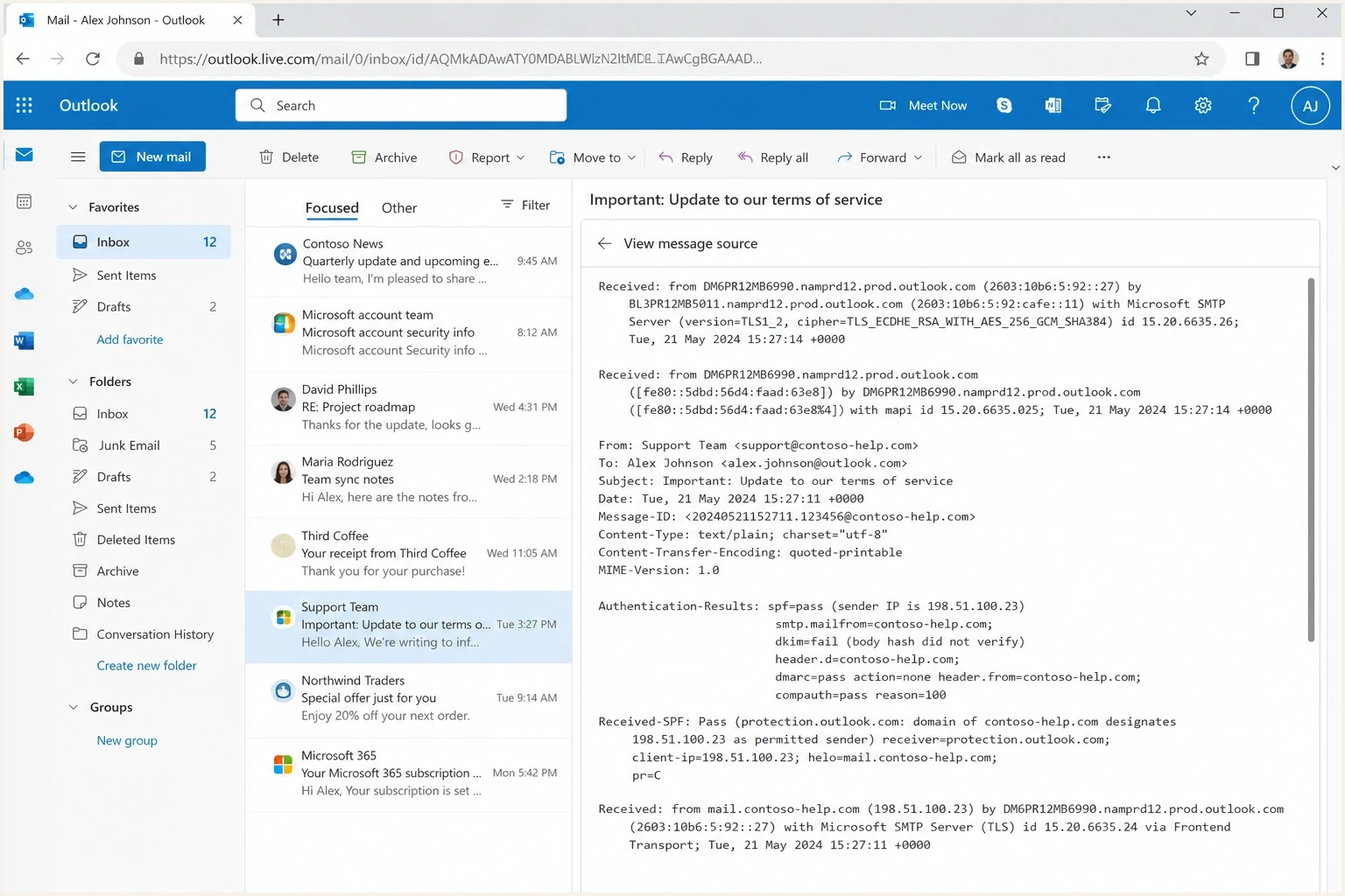 An Outlook.com message source view showing authentication results for a DKIM failure.
