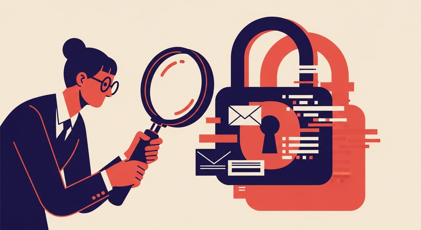 An illustration of a person examining an email security lock with a magnifying glass