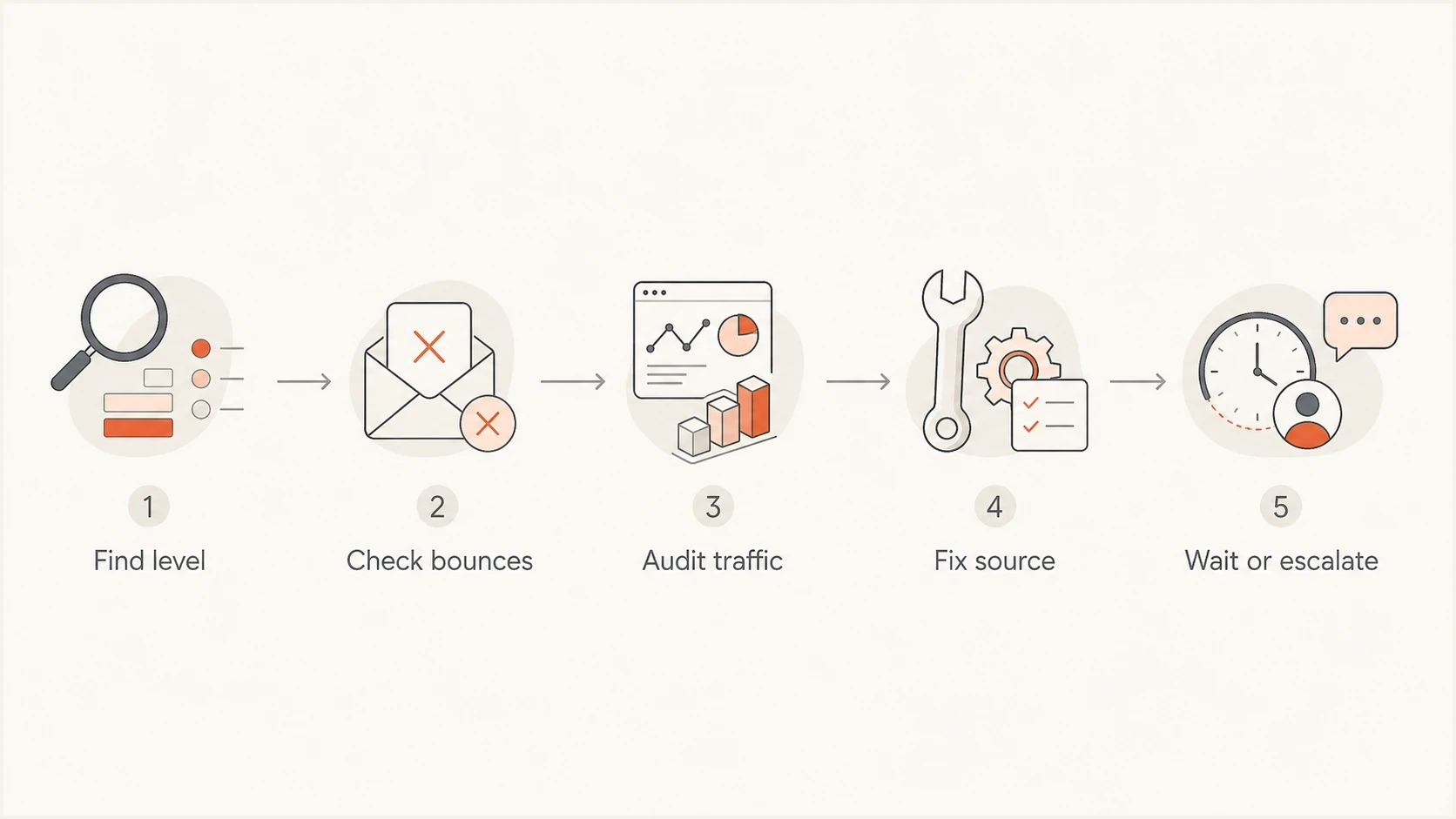 Flowchart for UCEPROTECT response: lookup, bounces, traffic audit, source fix, and escalation.