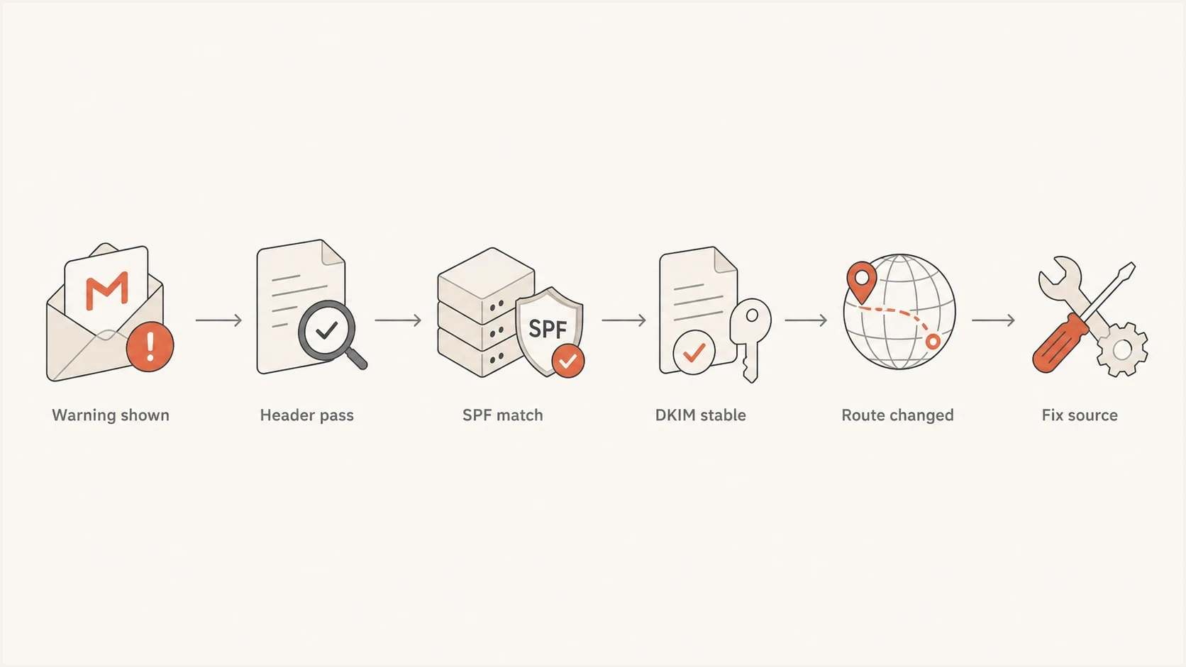 Decision path for investigating Gmail warnings after DMARC passes.