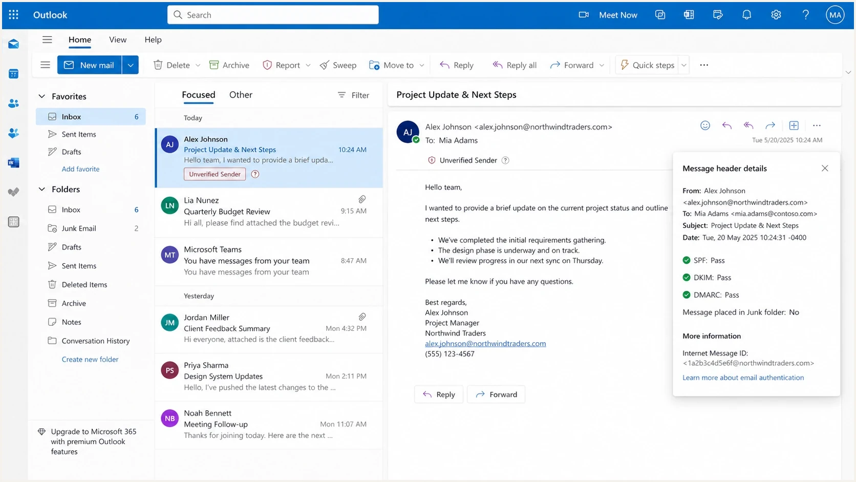 Outlook on the web showing Unverified Sender beside SPF, DKIM, and DMARC pass results.