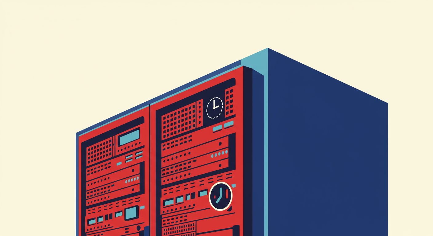 Illustration of a server representing Microsoft 365 with a clock on it, symbolizing the SPF DNS query timeout.